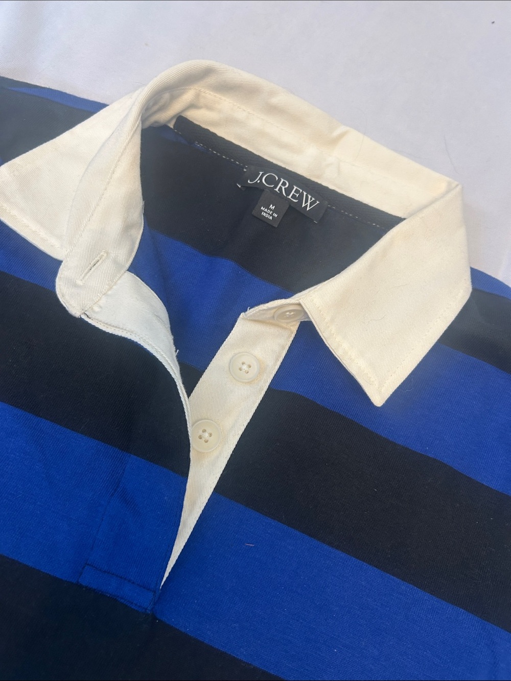 J. Crew Blue and Black Striped Rugby Polo with Cream Collar - Picture 4 of 5
